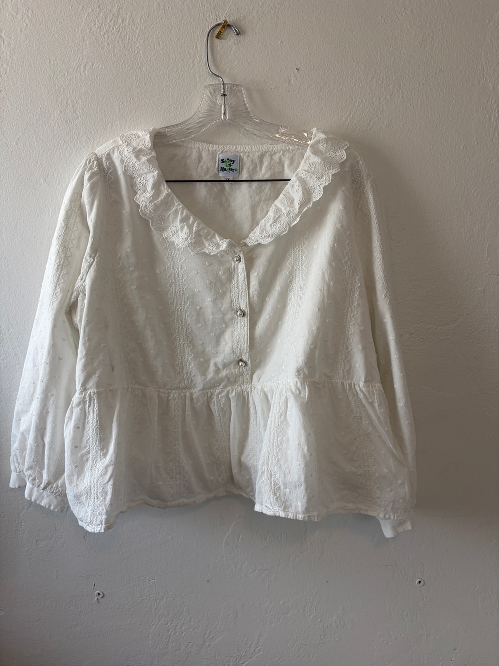 White Eyelet Peplum Blouse with Scalloped Collar - Womens